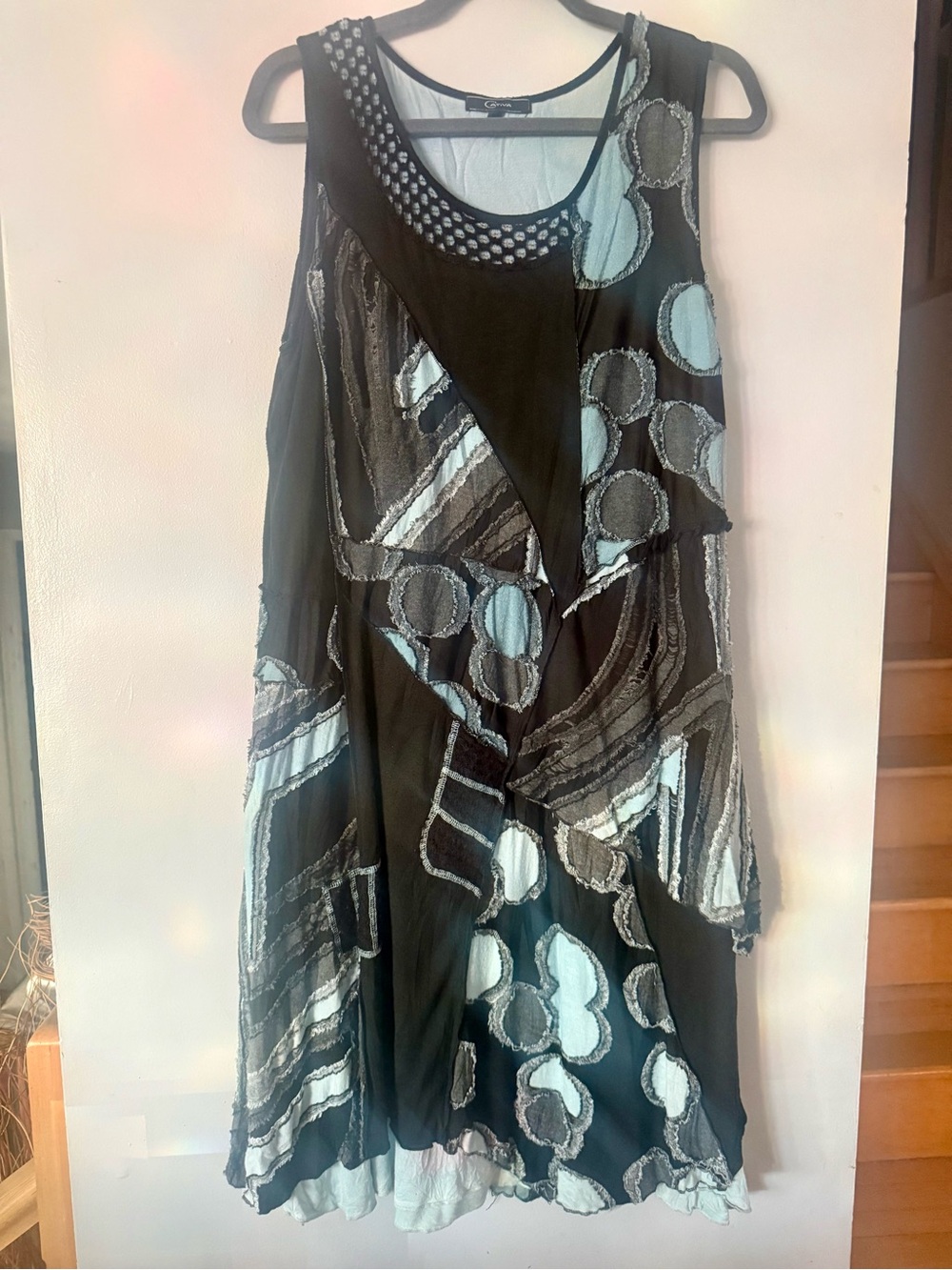 Cativa Abstract Patchwork Mixed-Media Midi Dress - Icy Blue & Black
